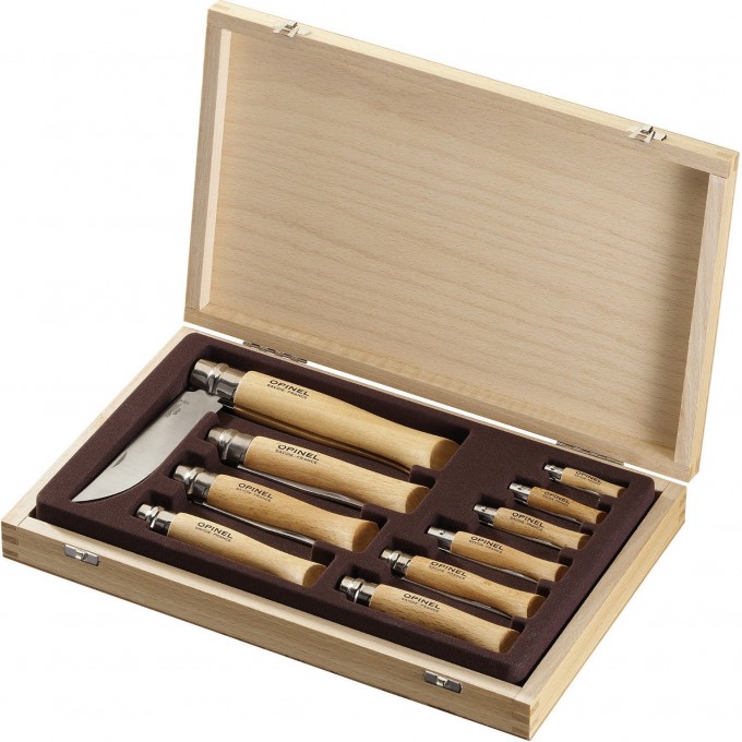 Набор OPINEL в деревянной коробке с крышкой из 10 ножей разных размеров из нержав стали 001311