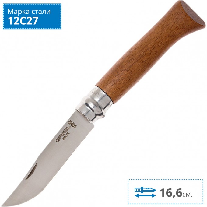 Нож OPINEL №6, нержавеющая сталь, ореховая рукоять в картонной коробке 002025