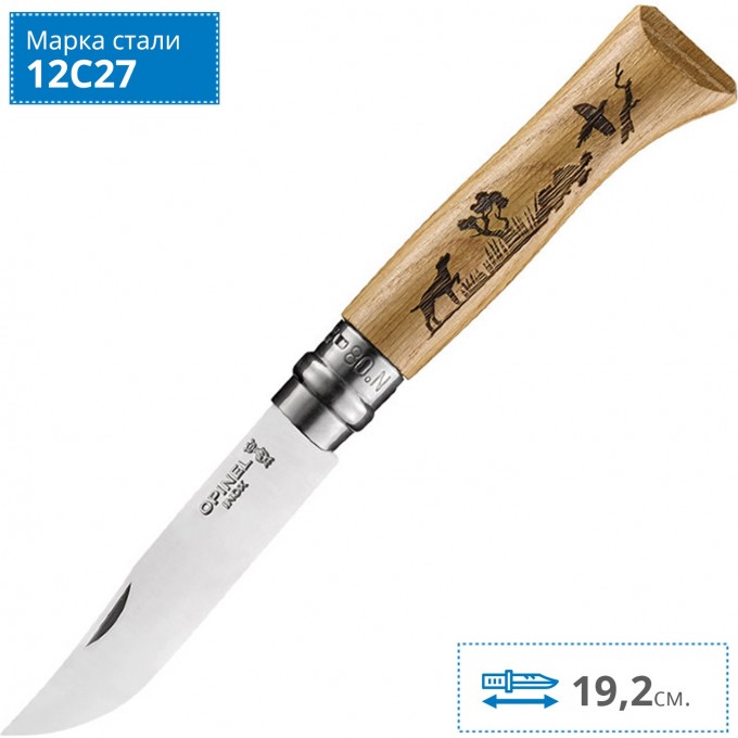Нож OPINEL №8, нержавеющая сталь, рукоять дуб, гравировка собака, 002335